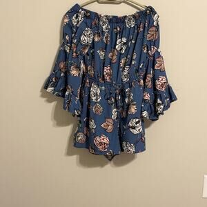 Blush Floral Off Shoulder Ruffle Sleeve Romper Blue Rose Print Womens Small
